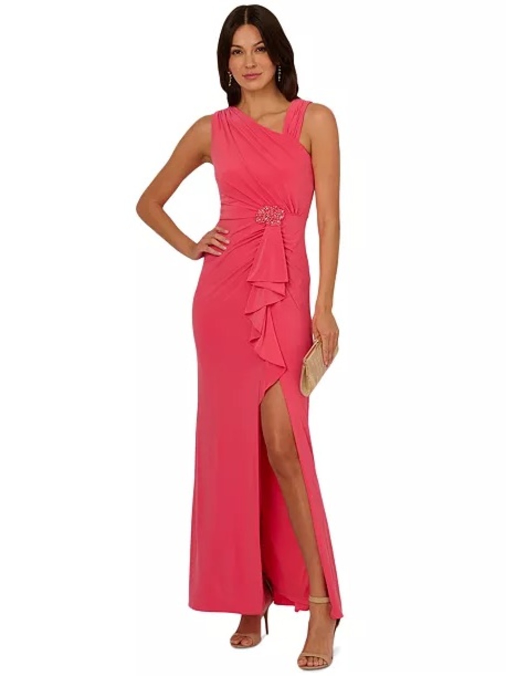 Adrianna Papell Coral Pink One-Shoulder Ruffle Evening Gown